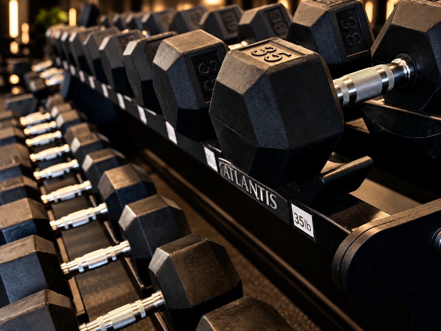 A close view of the dumbbell rack on the NRG strength floor.