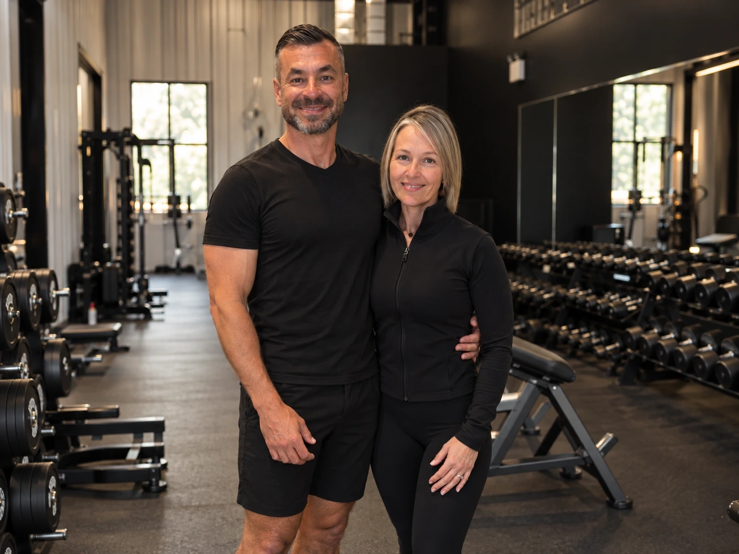 Jen Elliott and Nelson Pereira together beside the dumbbell racks on the NRG strength floor.