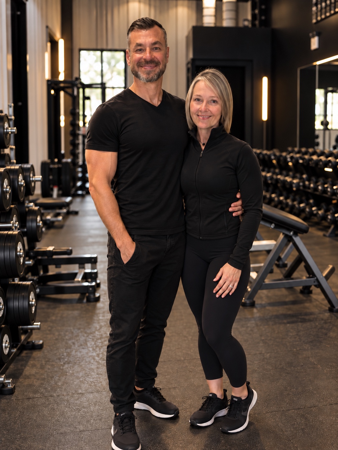 Jen Elliott and Nelson Pereira together beside the dumbbell racks on the NRG strength floor.