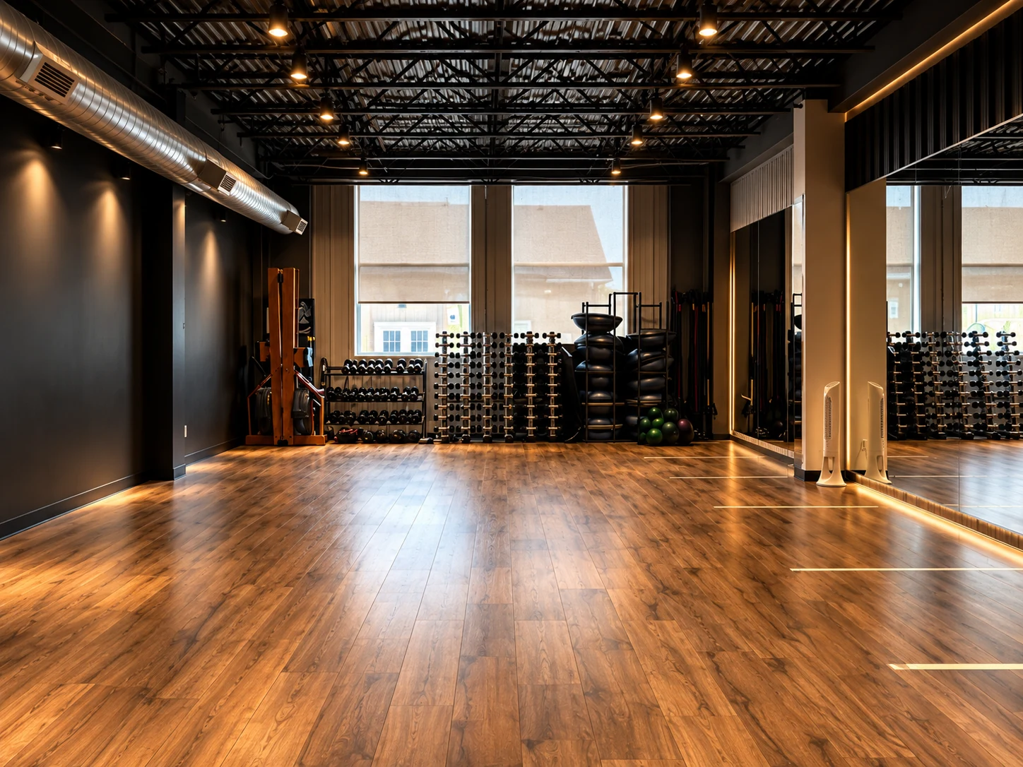 The NRG movement studio with a wood floor, mirrors and neatly stored class equipment.
