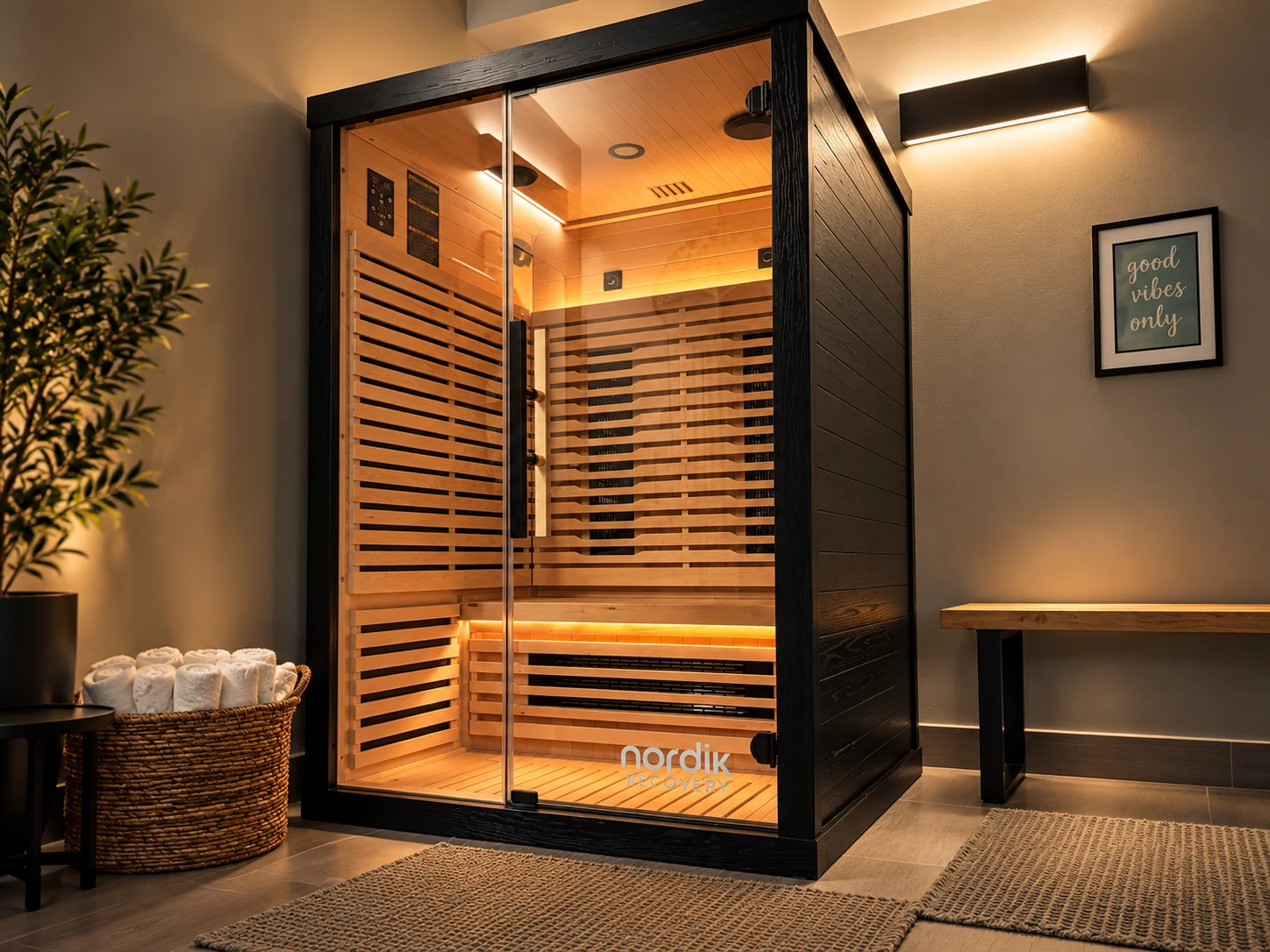 The warmly lit wood sauna at NRG, with towels beside the glass door.