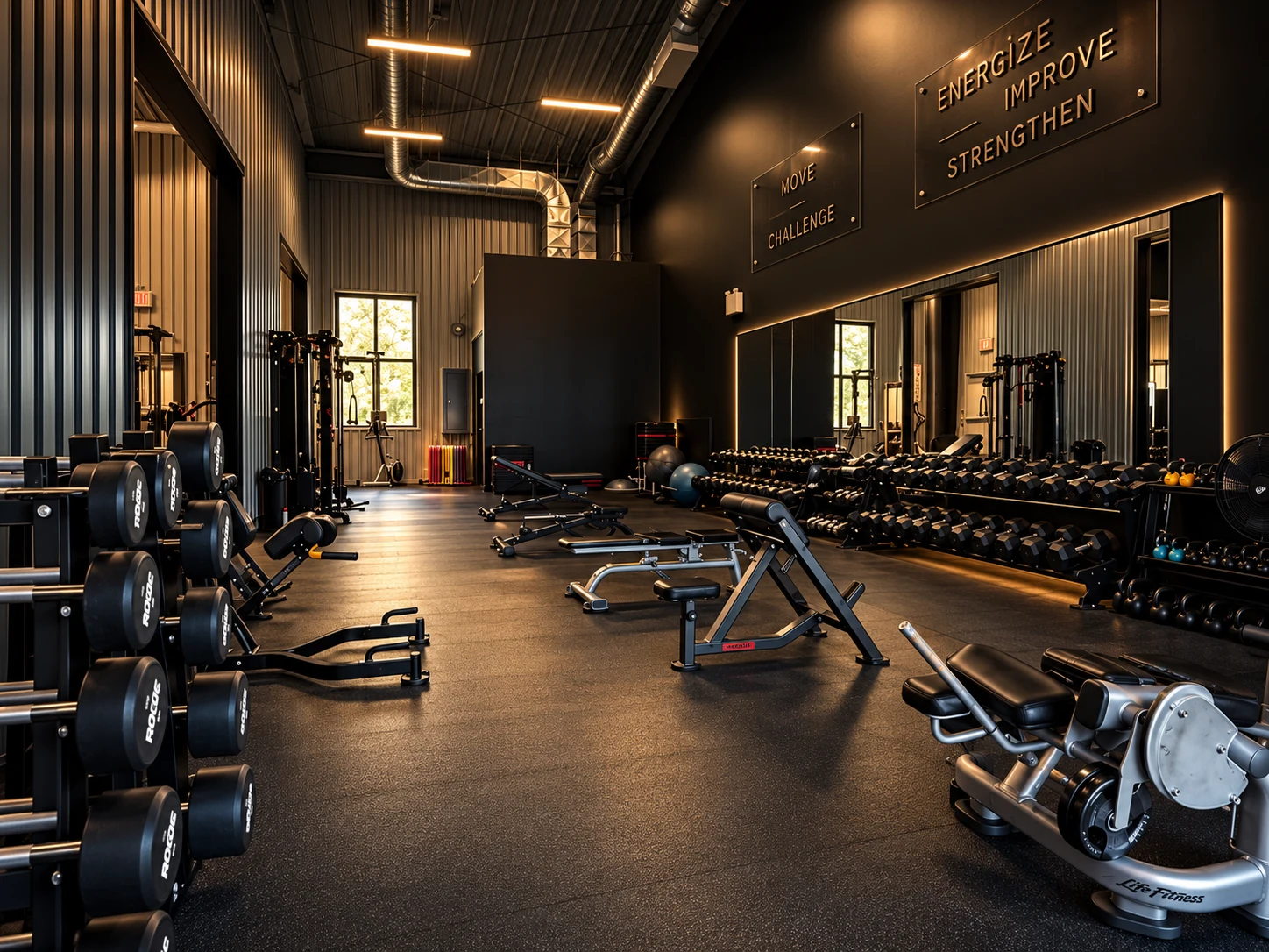 Benches, free weights and training equipment in the NRG strength area.
