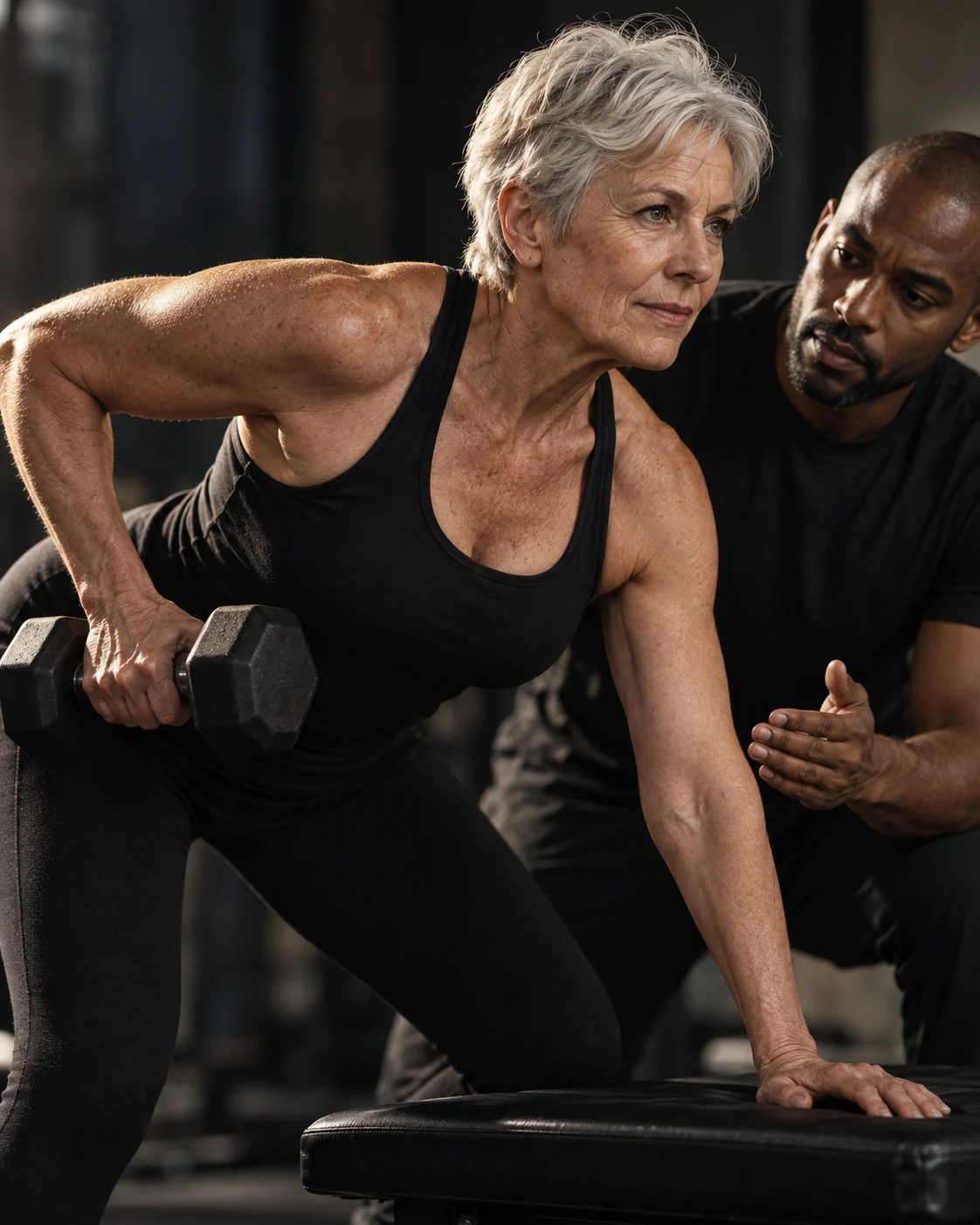 A coach helping a silver haired woman with a strength exercise.