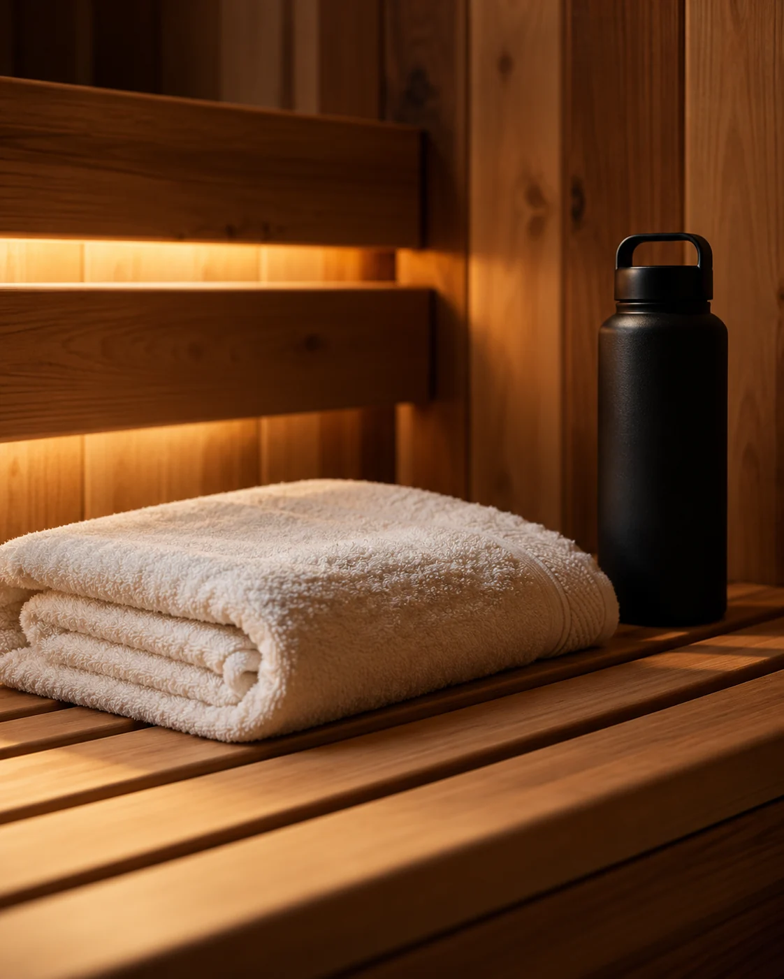 A neatly folded towel on a warm wooden sauna bench.